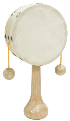 Bino World of Toys Trommel mit Handgriff, Handtrommel Rassel, handgehaltene Klingel, Musikspielzeug ab 3 Jahren, Kreativität & motorische Fähigkeiten, hochwertiges Holz mit Lederbezug, beige