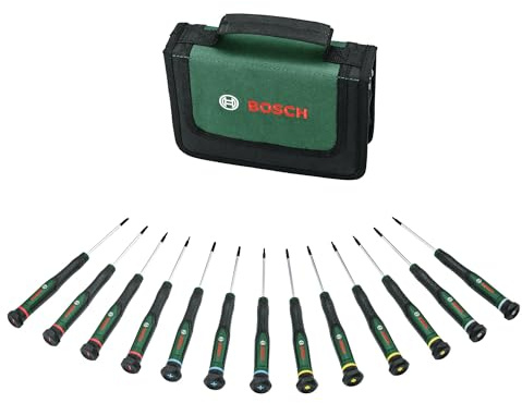 Bosch Präzisionsschraubendreher-Set 13-teilig (Präzise Schraubendreher für Heimwerken und Modellbau; S2-Stahl; Magnetische Spitzen; PH/SL/TX/HEX; Farbcodierte Größen; Softgrip)