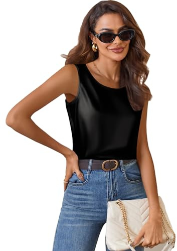 Zeagoo Seidentop Damen Satin Trägertop Rundhals Blusentop Ärmellose Läsige Tank Top Lang Satinbluse Elegant Top Satin Seide Schwarz L