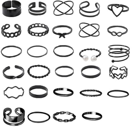 LIUYIDM 29 Stück Vintage Silber Punk Ringe Set Schwarz für Männer Frauen Offene Knuckle Ring Stapelbare Gothic Rings Set Fingerringe Boho,Damen Set Finger Midi Ring