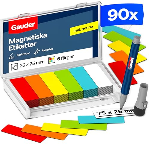 GAUDER Magnetstreifen beschreibbar, Magnetschilder Kanban (90 Stk, 75x25mm) | Magnetschilder zum Beschriften, beschreibbare Magnete zum Beschriften, Magnetetiketten für Kanban Board, mit Marker