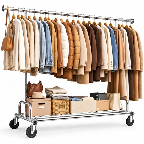 Klyvvo Kleiderständer auf Rollen, Ausziehbare Schwerlast Kleiderständer Stabil mit Rollen, Kleiderstange aus Metall für Kleider, Pullover, Mäntel,Abrigos de Invierno, Clothes Rack,bis 150kg Belastbarm