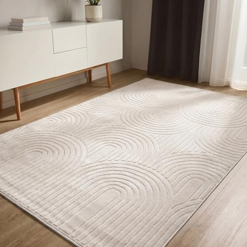 benuta Basic Teppich Claire - Creme 140x200 cm | Minimalistischer Wohnzimmerteppich, Geometrischer Retro-Stil, Pflegeleicht, Fußbodenheizung Geeignet