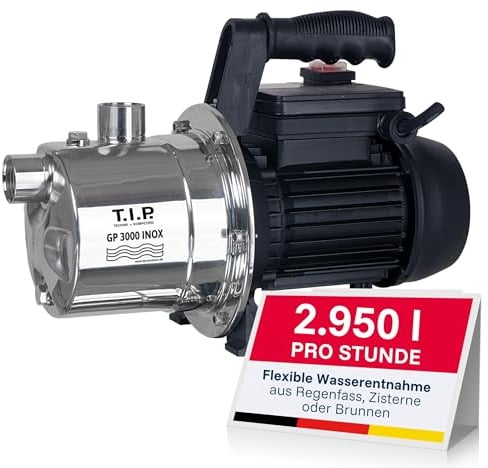 T.I.P. Edelstahl Gartenpumpe GP 3000 INOX - Leistungsstarke 550 W Pumpe mit 2950 l/h Leistung und thermischer Überlastschutz - Robustes, korrosionsbeständiges Pumpengehäuse, 30111