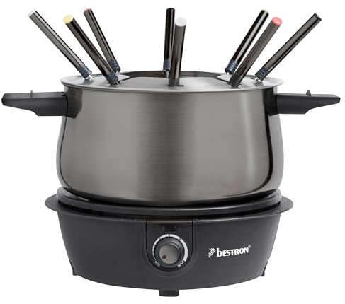 Bestron elektrisches Fondue Set für bis zu 8 Personen, mit 8x Fonduegabeln & stufenlosen Thermostat, inkl. Spritzschutz, Farbe: Titangrau