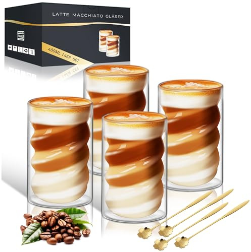 KEHTUNAHT Latte Macchiato Gläser Doppelwandige 400ml 4er Set KaffeegläSer Doppelwandige mit 4 Löffeln Spiralförmig Cappuccino Gläser Eiskaffee Tassen Thermogläser