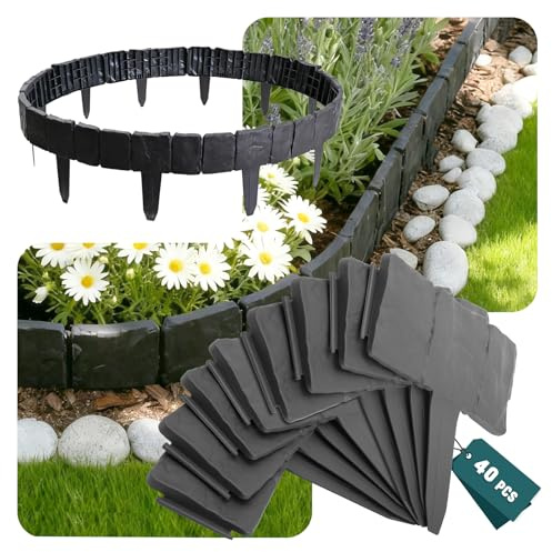 VOUNOT® Rasenkante in Steinoptik 10 m, Beeteinfassung und Beetumrandung Mähkante aus robustem Kunststoff (PP), Gartenpalisade Beetzaun für Garten, 40 Stück Grau