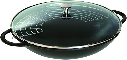 STAUB Gusseisen Wok, Ø 37 cm, mit Glasdeckel und herausnehmbaren Gittereinsatz, für alle Herdarten inkl. Induktion, 5,7 L, Schwarz