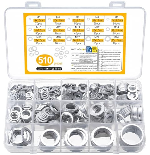 510 Stück Dichtring Ölablassschraube Dichtung Set,Metall Unterlegscheiben aus Aluminium Beilagscheiben Sortiment, Fitschenringe Sortiment, Flachdichtungsset,M5 M6 M8 M10 M12 M14 M16 M18 M20 M22 M24