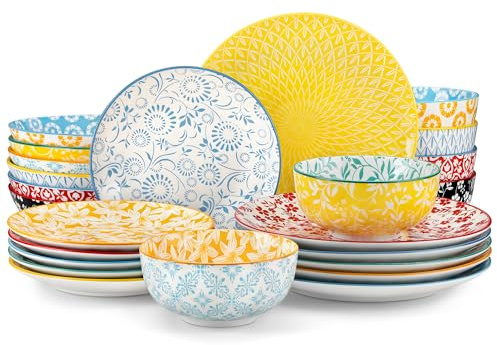vancasso SELENE Geschirrset 6 Personen, 24-tlg Tafelservice aus Pastell Porzellan, Geschirr set mit 6 Speiseteller, Dessertteller, Suppenteller und Müslischalen, Mikrowellengeeignet