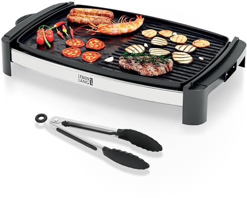 LEBENLANG Tischgrill Elektrisch 2000W - Inkl. Grillzange I 45x30cm I Plancha Elektrogrill für Balkon Innen & Außen I Elektrischer Teppanyaki Balkongrill Grill Elektrische Grillplatte Elektrogrills