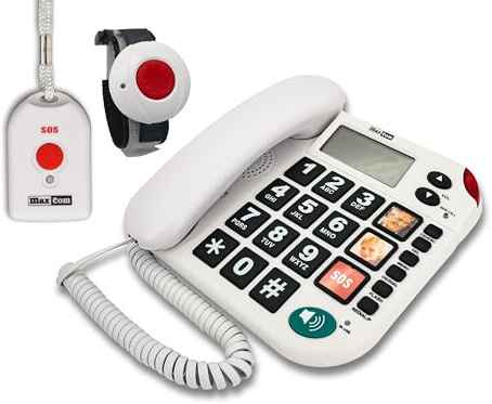 G-TELWARE MAXCOM KXT481SOS 2023-2024er Modell Haus Notruf Seniorentelefon mit Funk-SOS-Sender, Festnetztelefon - 1 Armbandsender + 1 Handsender mit Schlaufe, Carbonschwarz, Standard