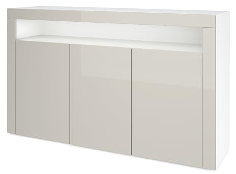 Vladon Sideboard Valencia, Kommode mit 3 Türen und 1 offenem Fach, Weiß matt/Sandgrau Hochglanz (155 x 92 x 40 cm)