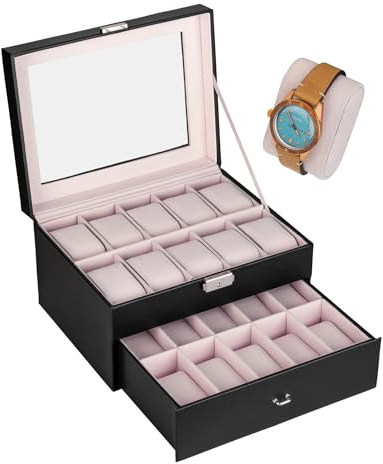 shelfmade Uhrenbox PU-Leder - Uhrenaufbewahrung in Schwarz mit edlem Samt - Uhrenkasten mit Schloss für 20 Uhren (rosa)