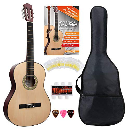Classic Cantabile AS-851 4/4 Konzertgitarre Starter Set (Komplettes Anfänger Set mit Klassik Gitarre, Gigbag Tasche, Nylonsaiten, Lehrbuch/Schule, 3x Plektren und Stimmpfeife)