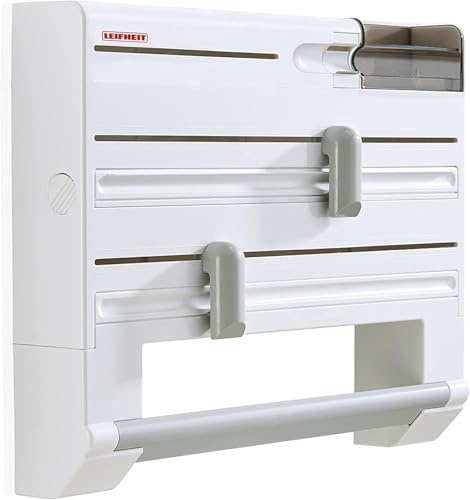 Leifheit Wandrollenhalter Parat Plus, Küchenrollenhalter für 4 Rollen | Mit Spezialklingen für saubere Schnitte, Wandmontage, auch für Alu- und Frischhaltefolie, 38,0 x 8,7 x 30,9 cm, weiß/grau
