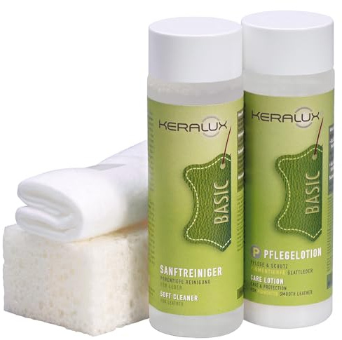 KERALUX 4-Teiliges Pflegeset P für Pigmentierte Glattleder, 200 ml Reiniger, 200 ml Pflege, Schwamm, Tuch, mit Imprägnierung und Lichtschutz