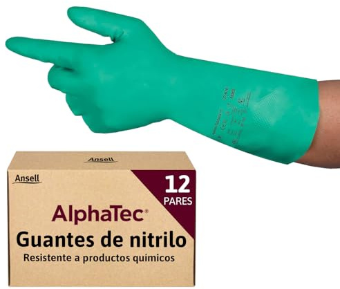 Ansell AlphaTec 37-675, Chemikalienschutzhandschuhe, Wasserdichte Sicherheitshandschuhe, Lebensmittel- und Reinigungshandschuhe, Latexfreie Schutzhandschuhe, Grüne Nitrilhandschuhe, 12 Paar, Gr. M