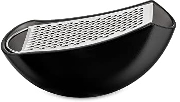 Alessi Parmenide, Reibe mit Käsedose aus thermoplastischem Harz schwarz, und Reibe aus Edelstahl glänzend poliert, thermoplastischem Harz, schwarz und Edelstahl glänzend poliert, 15,3 x 7,5 x 6,7 cm, AARU01 B