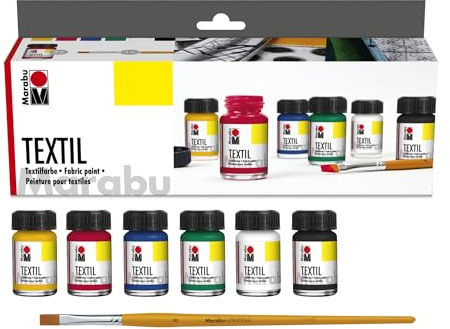 Marabu 1716000000087 - Textil Starter Set Grundfarben, Stoffmalfarbe, Wasserbasis, für helle Stoffe, weicher Griff, waschbeständig bis 60°C, für Stoffmalerei und -druck, 6 x 15 ml Farbe und Pinsel