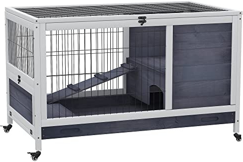 PawHut Kaninchenstall aus Holz Hasenstall mit Rädern Klappdach Rampe Ausziehbarem Tablett Winterfest Meerschweinchenstall Kleintierstall Kaninchenkäfig für Innen, draußen 90 x 53 x 59 cm Weiß