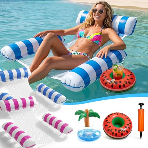 2 Stück Luftmatratze Wasser mit 1 Luftpump und 2 Getränkehalter，4 in 1 Wasserhängematte mit Netz Aufblasbare Schwimmsessel Wasser Matratze Pool Zubehör Liege Sofa Stuhl Sitz Erwachsene Kinder Stabil