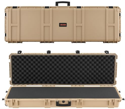 VEVOR Waffenkoffer mit Hartschale für Langwaffen, abschließbarer Gewehrkoffer mit vorgeschnittenen Schaumstoffen, Langwaffenkoffer Waffenaufbewahrung rollbar IP67 wasserfest, 1391x435x188 mm Khaki