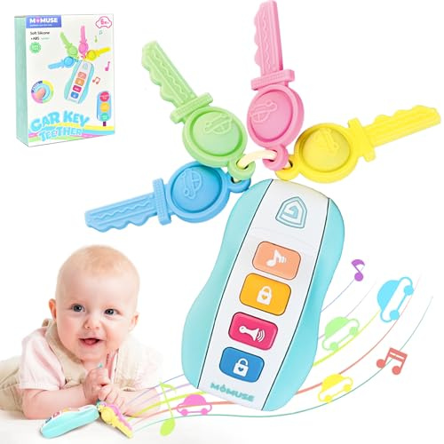 MOMUSE Beißring Baby, Beißspielzeug mit Autoschlüssel, Baby Spielzeug 1 Jahr, Spielzeug Schlüssel aus Silikon, Musikspielzeug für Neugeborene Jungen Mädchen
