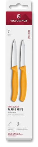Victorinox Swiss Classic, Schäl- und Gemüsemesser Set, 2teilig, Extra Scharfe Klinge, Gerader Schliff für Präzise Schnitte, 8 cm, Rostfreier Stahl, Gelb