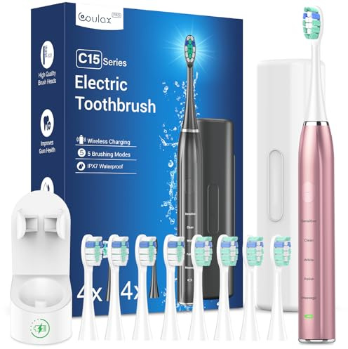 Elektrische Zahnbürste Schallzahnbürste für Erwachsene - Whitening Ultraschall Zahnbürsten Elektrisch mit Reiseetui und Ladestation, Electric Toothbrush Mit 8 Bürstenköpfe, 5 Putzmodi, Roségold