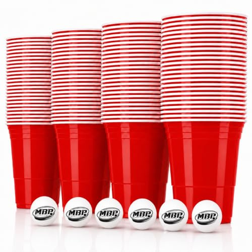 MYBEERPONG® Party Cups Rot 100 Stück + 6 Bälle 473 ml / 16 oz – BPA-freie stabile Plastikbecher Mehrweg Partybecher für Beer Pong, Geburtstag, Festival, BBQ & Party