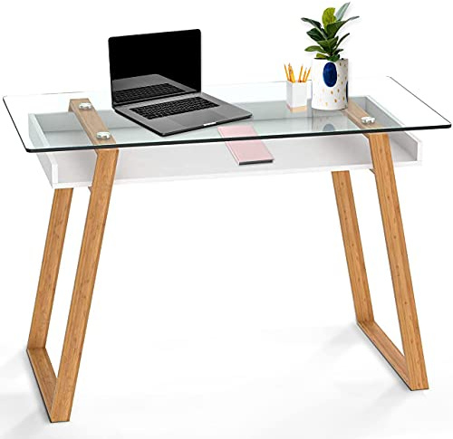 bonVIVO Kleiner Schreibtisch 110x55x75 cm | Computertisch mit Stauraum, Glas Schreibtisch Weiß mit Bambus Gestell – Moderner Sekretär Arbeitstisch Home Office