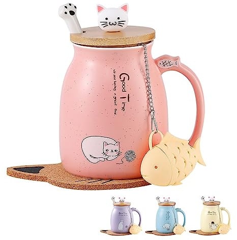 Katzen-Tasse Süße Keramik Kaffeetasse mit deckel,Edelstahl Löffel, Neuheit Morgen Cup Tee Milch Weihnachten Becher Geschenk Teetasse mit Deckel und Sieb Geschenke für Frauen380ML (Rosa)