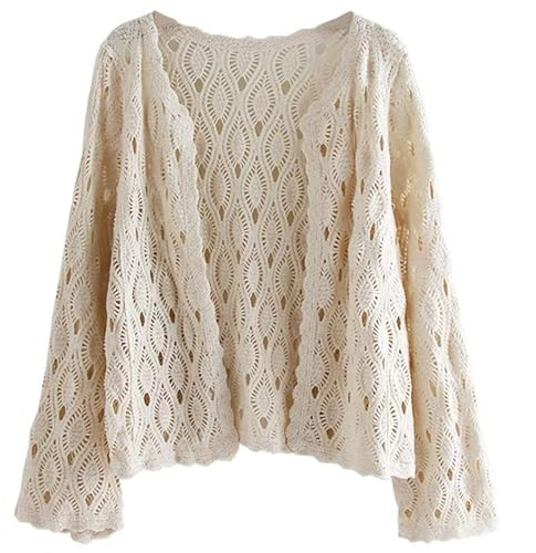 Wedhapy Sommer-Cardigans Für Damen Baumwolle Cremeweiß Langärmelig Ausgehöhlt Häkel-Cardigans Boho-Blumenmuster Frühling Atmungsaktiv Spitze Häkel-Strick-Kimono