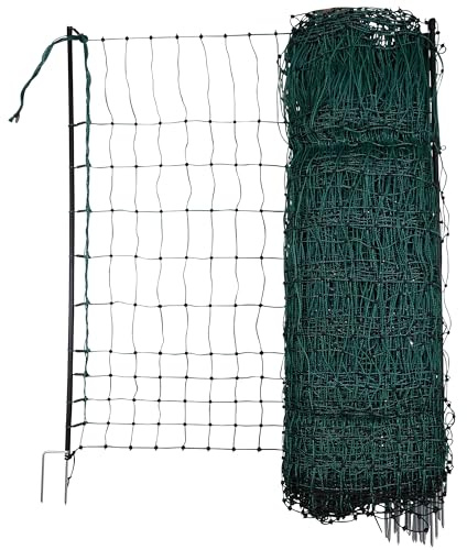 Kerbl Hobbyfarming PoultryNet, 106cm, 25m, Geflügelnetz, Weidezaunnetz, stromlos, Doppelspitze, grün, 8 Pfähle, Hühner, Gänse, Puten, 3 Jahre Garantie UV-Stabilität