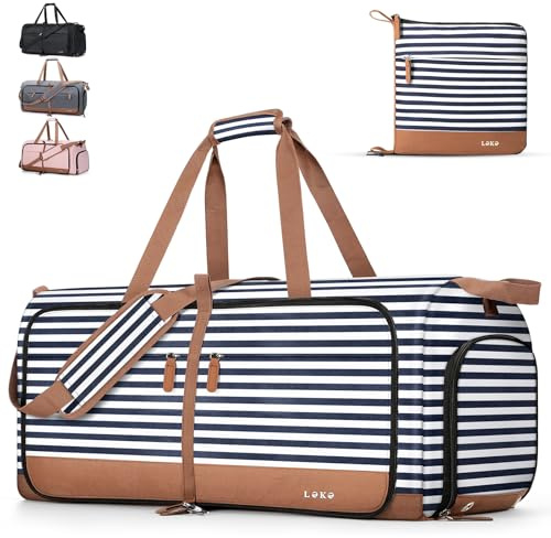 Lekesky Reisetasche Damen 60L Faltbare Reisetasche Weekender Sporttasche mit Schuhfach, wasserdichte Handgepäck Tasche/Sporttasche/Krankenhaustasche (Blau Gestreift)