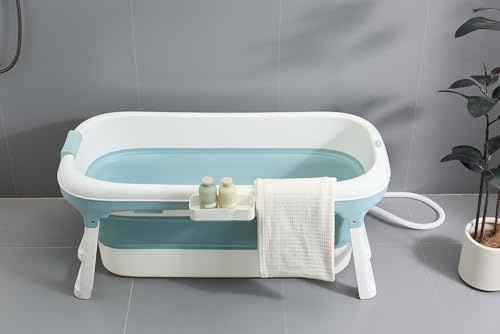 Schwänlein® mobile badewanne Faltbare Badewanne 128cm mit Seifenkorb, Nackkissen, Hocker. Praktisch und Tragbar (Blau)