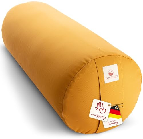 navango Yoga Bolster – Handmade in Germany, 24cm x 64cm | Yoga Rolle mit praktischem Tragegriff, 100% Dinkelspelz Füllung, Waschbarer Bezug 100% Baumwolle