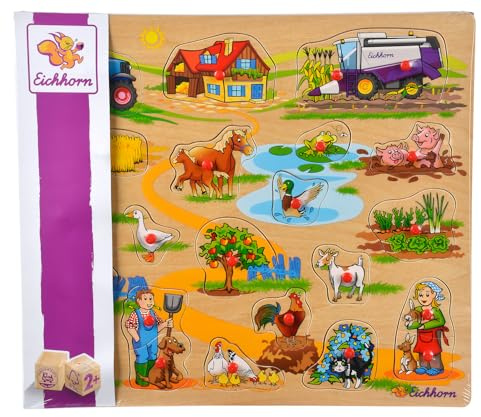 Eichhorn Steckpuzzle Bauernhoftiere - 40x35 cm großes Holzpuzzle mit verschiedenen Tieren zum Zuordnen, fördert Formenlernen und Motorik, 3-sort., aus FSC zertifiziertem Holz, ab 2 Jahren