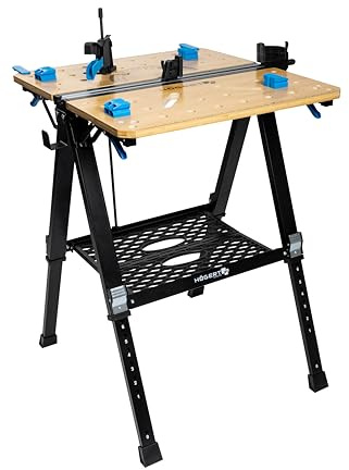 HÖGERT TECHNIK – Faltbarer Werkstatttisch 700x650x915 mm mit Bambusplatte, 5-Fach Höhenverstellung, 450 kg Tragkraft, Bohrungen, Verbindungsstücken und Spannzwingen