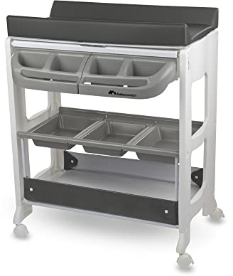 Bebeconfort Dolphy, 2-in-1 Baby Badewanne & Wickelkommode, 0 –12 Monate (max. 11 kg), Einfach Bewegbar Dank 4 Rollen, Aufbewahrungsfächer, Gepolsterte Wickelauflage, Einfache Wannenleerung, Grey Mist