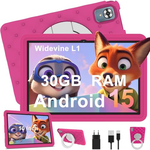 Kinder Tablet 10 Zoll Android 15 mit 30GB RAM + 64GB ROM(2TB), 5G WLAN 6, Widevine L1, Elterliche Kontrolle, 8-Core, 6000 mAh, Kids Tablet mit Kinder Hülle EVA + 360° Drehbarer Ständer, Rosenrot