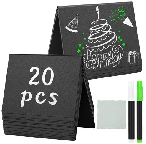JEFURE PVC Mini Kreidetafeln, Beschriftbar, 20 Stück, V-Form | Kleine Tafel für Preisschilder, Tischkarten, Buffet Schilder, mit 2 Stifte und 1 Putztuch, für Party und Restaurant