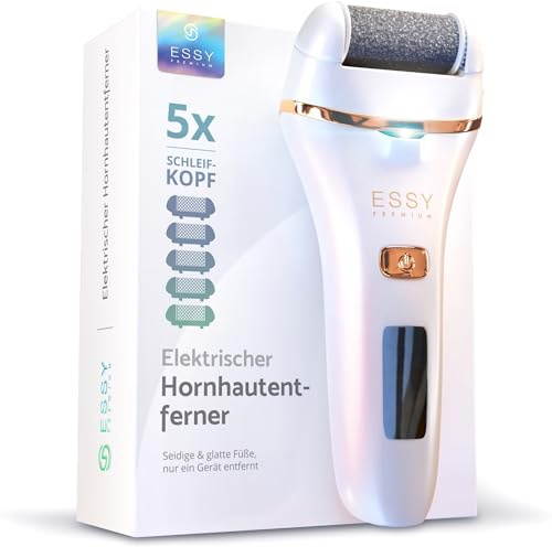 Essy Hornhautentferner Elektrisch Wiederaufladbar mit 5 Ersatzrollen für seidig weiche Füße, Akku Fußpflege Set Damen Herren mit Druckschutz, 2 Geschwindigkeiten, LED-Display, Pediküre Set, (Weiß)