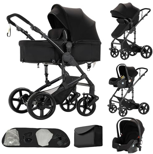 3 in 1 Kinderwagen Schwarz, Ein-Klick-Faltung | Stabiler Dreibucherrahmen mit Doppel-Federung. geeignet für Neugeborene und Kleinkinder für alle Ausflüge.