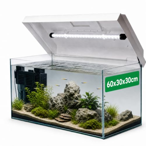 VIALIA Aquarium 60x30x30 cm, 54 Liter Glasbecken mit Juwel LED, weiß | Kompaktes Süßwasser- und Meerwasser-Aquarium mit weißer Abdeckung, integrierter LED-Beleuchtung und Futterklappe