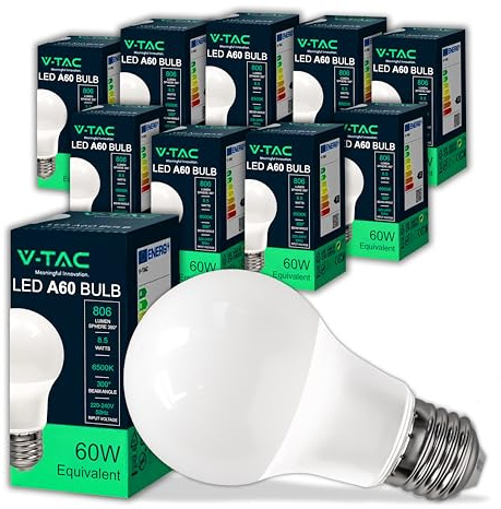 V-TAC 10x LED Glühbirne E27 8,5W (entspricht 60W) A60-806Lumen - LED Lampe 6500K Kaltweiß - LED Glühlampen - Energiesparlampe
