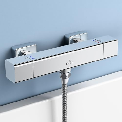 KULACO Duschthermostat, Duscharmatur Thermostat Aufputz Brausethermostat, Mischbatterie Dusche Thermostat mit 38 °C Sicherheitstaste, Messing Wannenarmatur für präzise Temperaturkontrolle (Chrom)