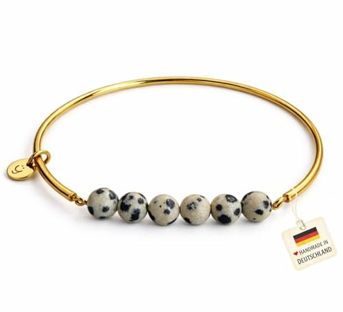 happymaker Armreif gold Damen mit Dalmatiner Jaspis Edelsteinen, elastischer Edelstahl Armreifen vergoldet, wasserfest, handgefertigt in Deutschland