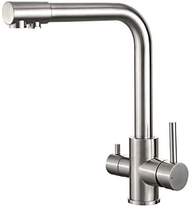 3-Wege Küchenarmatur (Trinkwasserhahn mit 360° Drehbarkeit, Doppelhebel, 3-in-1 Funktion für Wasserfilter, Heiß- und Kaltwasserauslauf, Hochdruckarmatur, mit 3 Schlauches 50 cm) Edelstahl Gebürstet